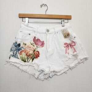 Summer Upcycled short white denim floral handmade appliques